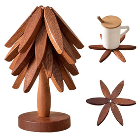 QIYLQE black walnut foldable trivet set with four trivets and a stand for hot dishes.