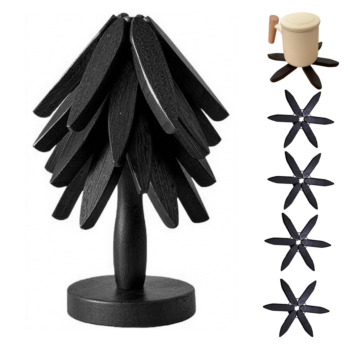 QIYLQE foldable black walnut trivet set protects counters from hot dishes.