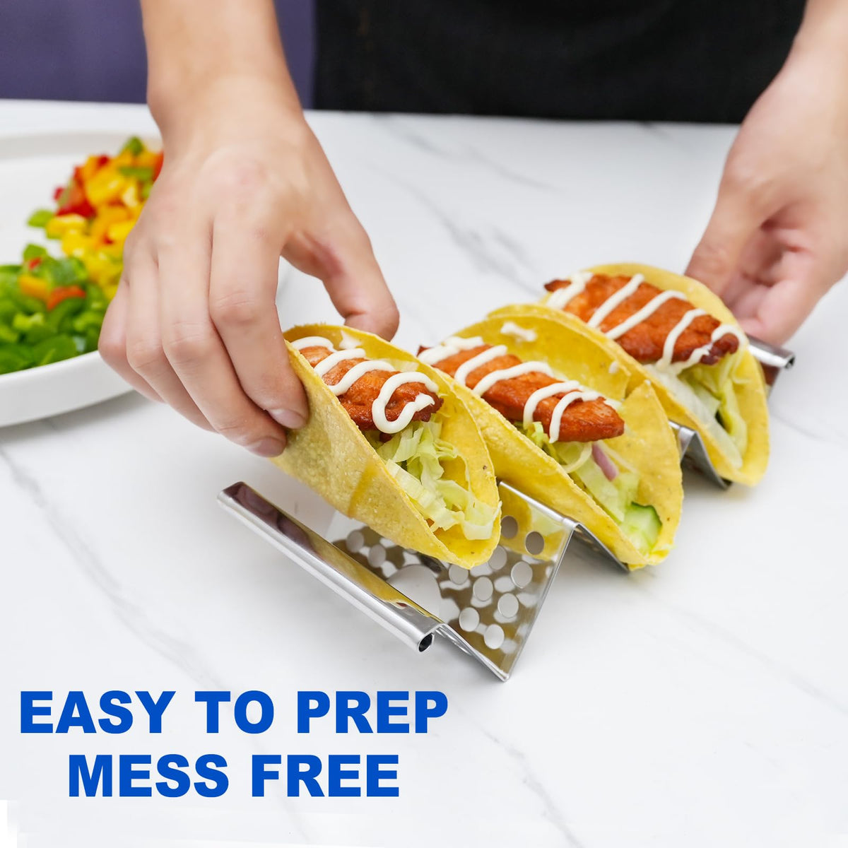 QKENDY oven-safe taco serving tray for baking and reheating tasty fillings.