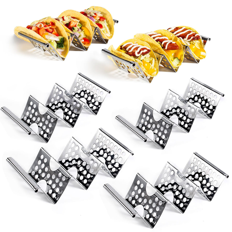 QKENDY taco holders set of 6, stainless steel, keeps tacos upright at gatherings.