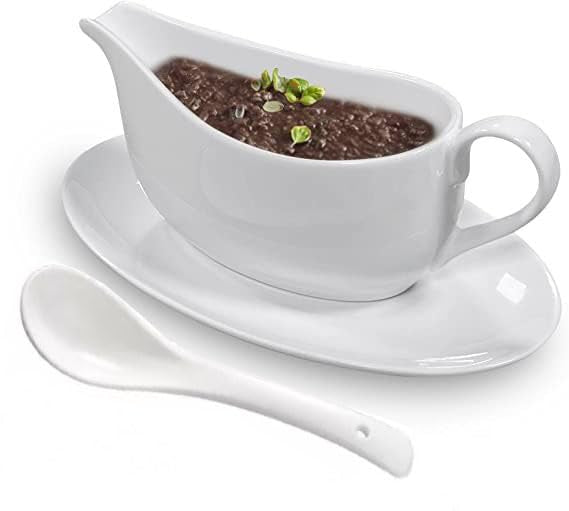 Qlans gravy boat with ladle and saucer showing 17 oz capacity for sauces