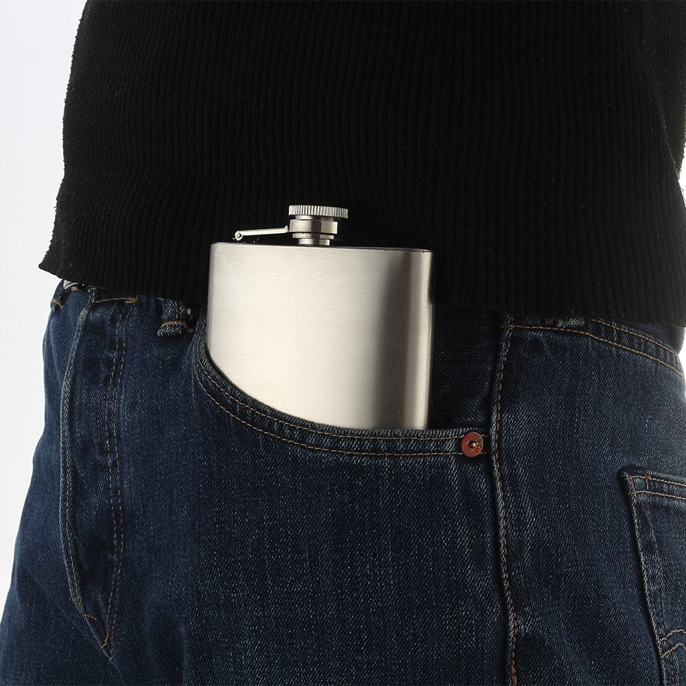 QLL hip Flask 8 oz side view illustrates jacket pocket fit