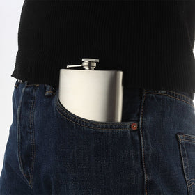 QLL hip Flask 8 oz side view illustrates jacket pocket fit