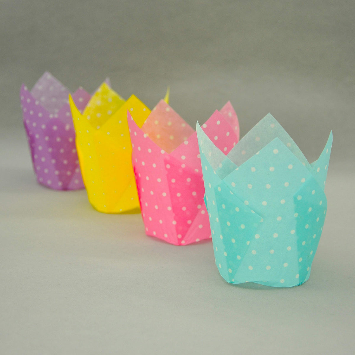 QLSmypkg Tulip pink front-view cups in a baker's display
