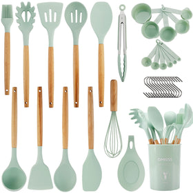QMVESS silicone utensils set in light green with holder for efficient cooking