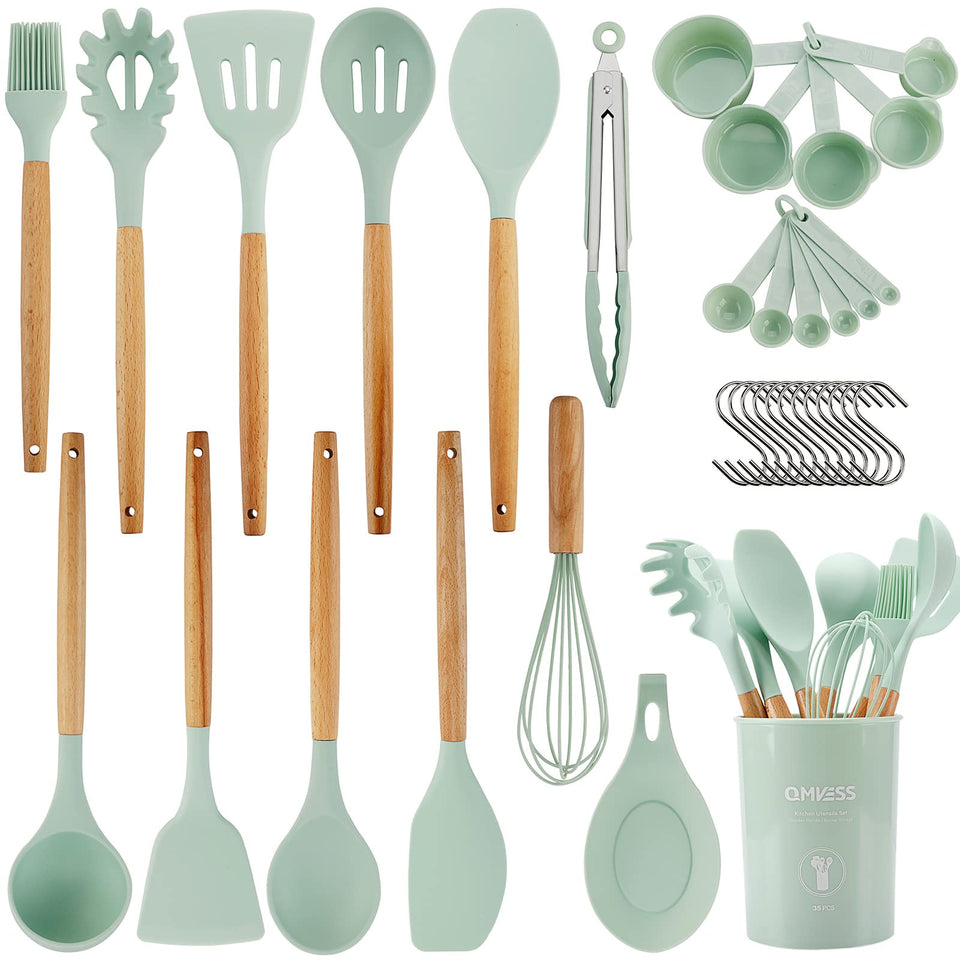 QMVESS silicone utensils set in light green with holder for efficient cooking