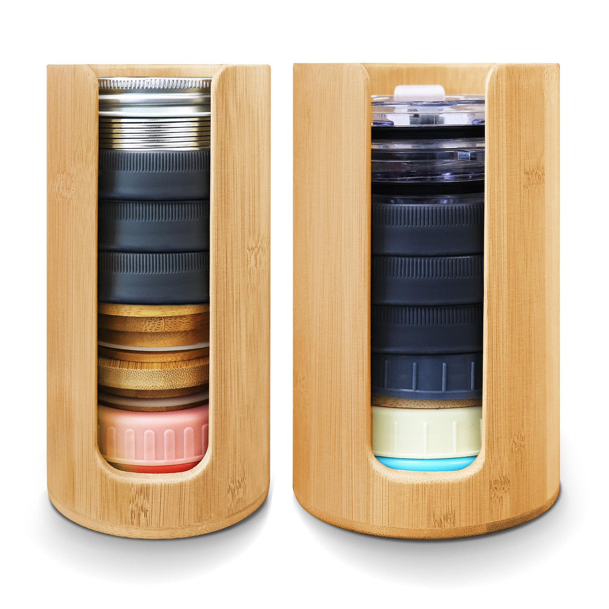 QOOMABA Mason Jar Lid Organizer: two bamboo boxes for tidy, accessible lid storage.