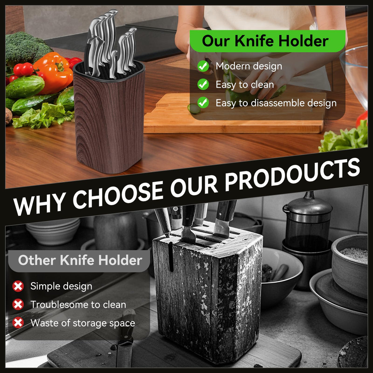 Qoosea Knife Block Wave-Layer Design protects blades and prevents scratches during storage.