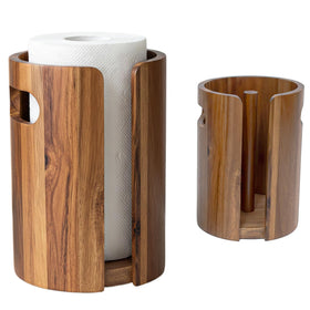 QoQoLiLi wood paper towel holder in acacia adds warm kitchen décor and easy access.