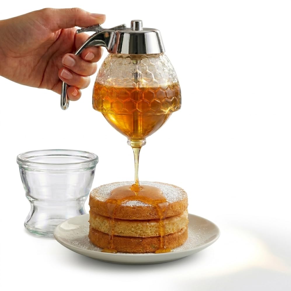 qortyavvu 8oz honey dispenser front view for mess-free pouring on tea and toast