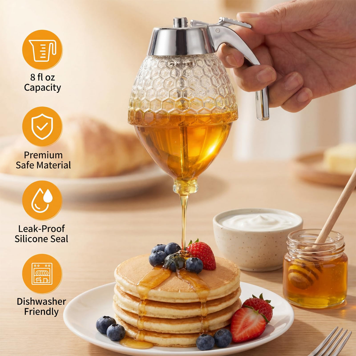 qortyavvu compact 8oz dispenser fits countertops for easy syrup storage