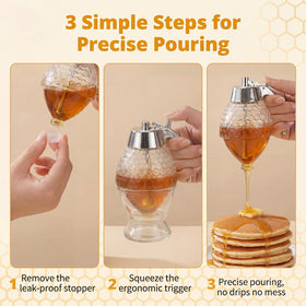 qortyavvu honey dispenser pour action close-up shows smooth no-drip operation