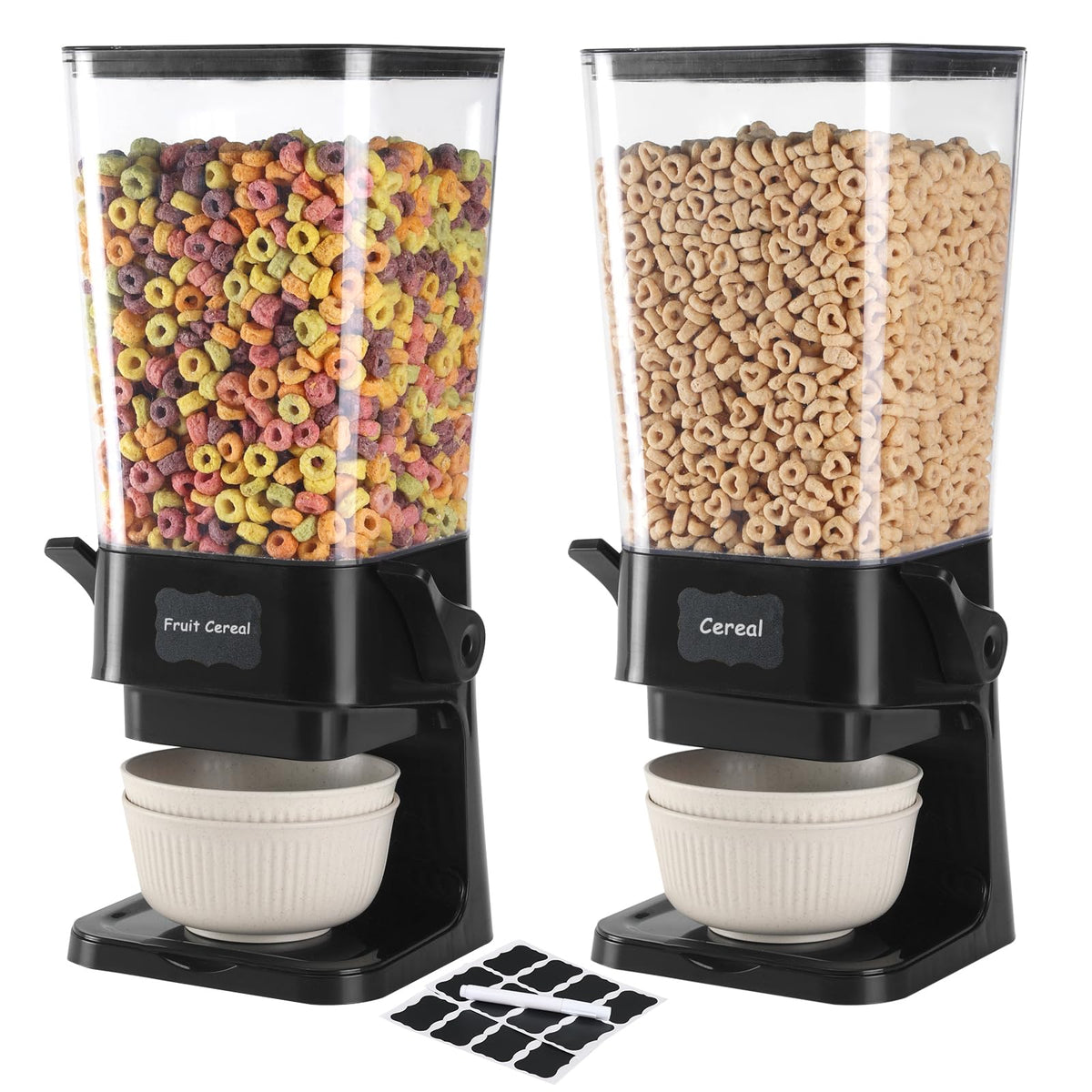 Qozzix cereal dispenser on countertop in black two-pack setup for pantry organization