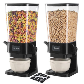 Qozzix cereal dispenser on countertop in black two-pack setup for pantry organization