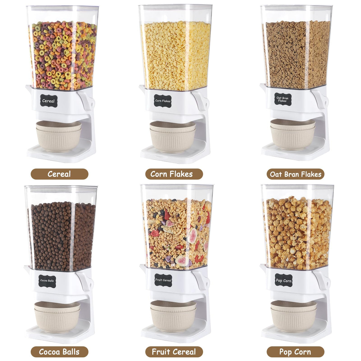 Qozzix cereal dispenser on a tidy counter with labeled containers.