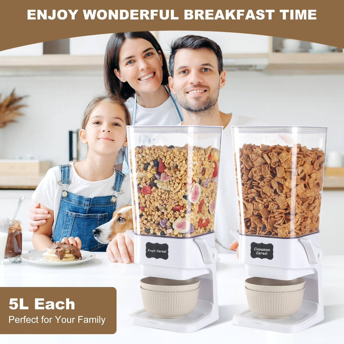 Qozzix cereal dispenser outlet shows gentle flow to avoid crushing.