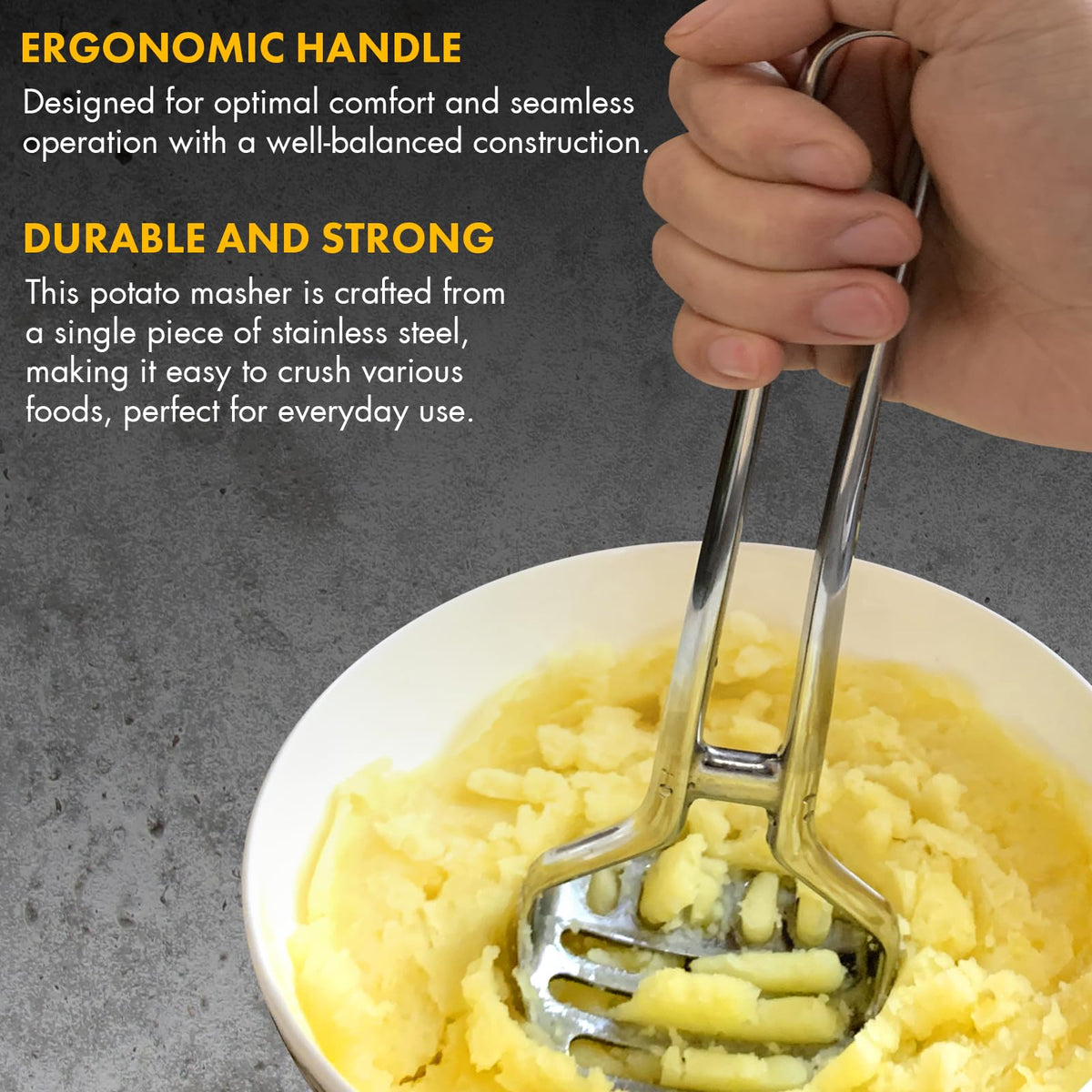 qAp potato masher features unique hole arrangement for versatile textures.