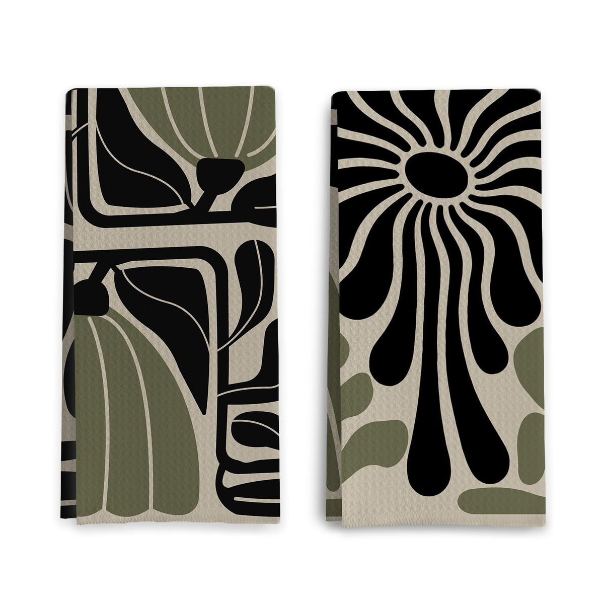 Qpenm Sage Green Groovy dish towels show boho floral design for quick, absorbent kitchen drying.
