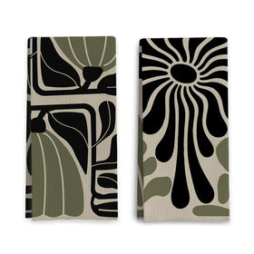 Qpenm Sage Green Groovy dish towels show boho floral design for quick, absorbent kitchen drying.