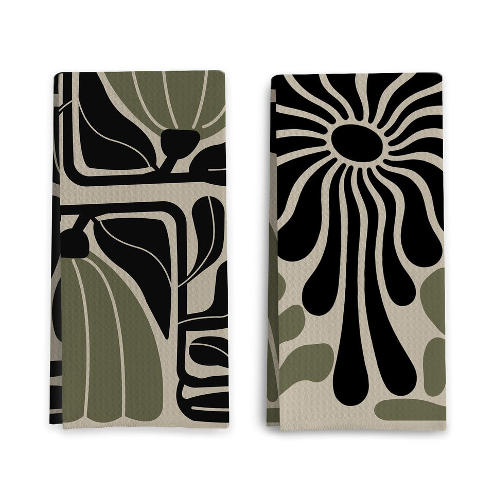 Qpenm Sage Green Groovy dish towels show boho floral design for quick, absorbent kitchen drying.