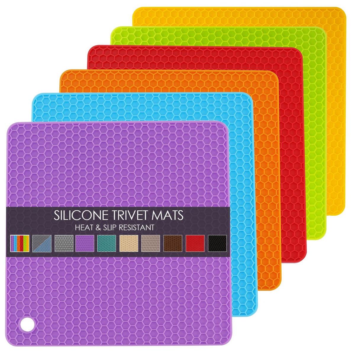 QPIX DIGITAL silicone trivets on a kitchen counter protect surfaces from hot pots
