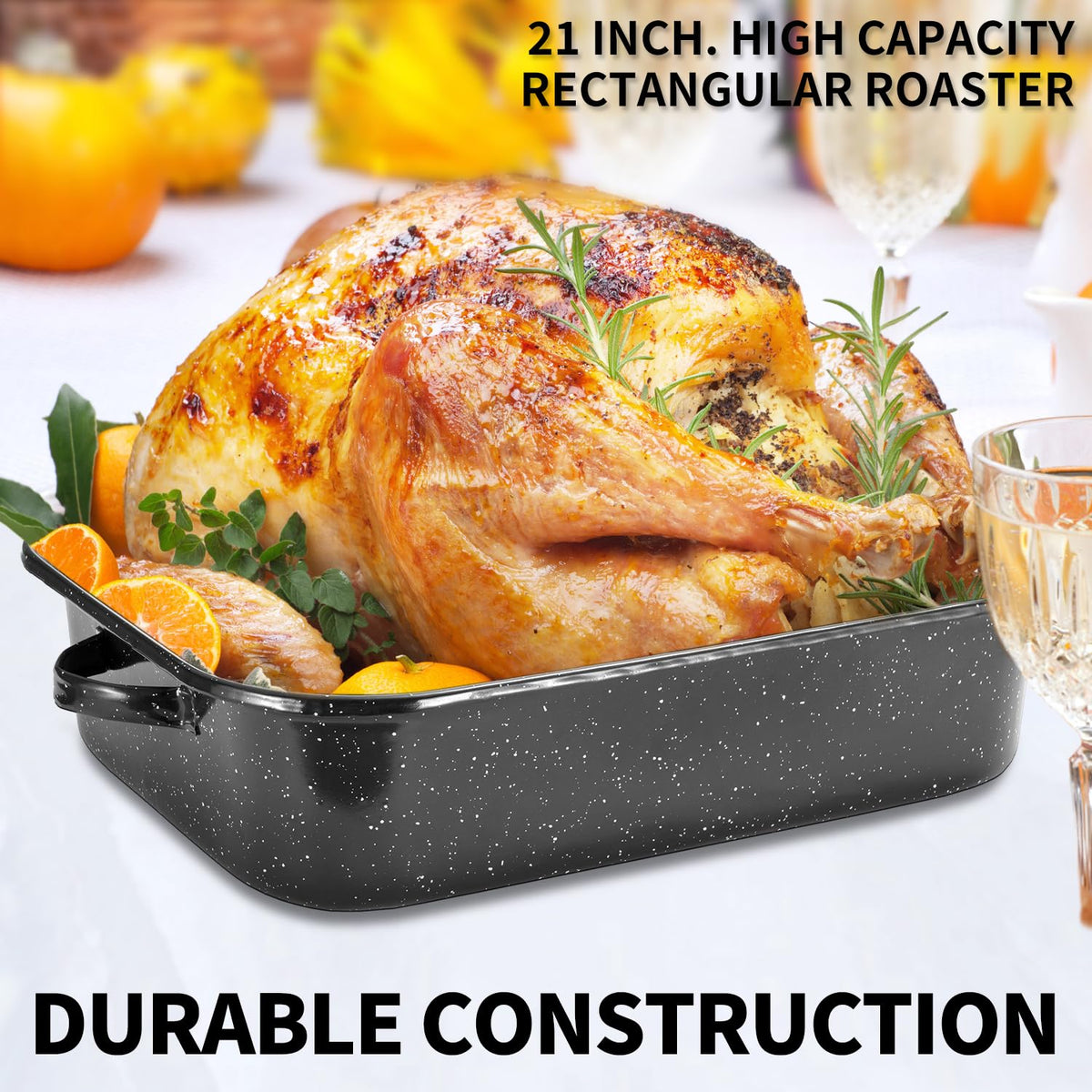 QPMR dishwasher-safe roasting pan for quick cleanup after cooking.