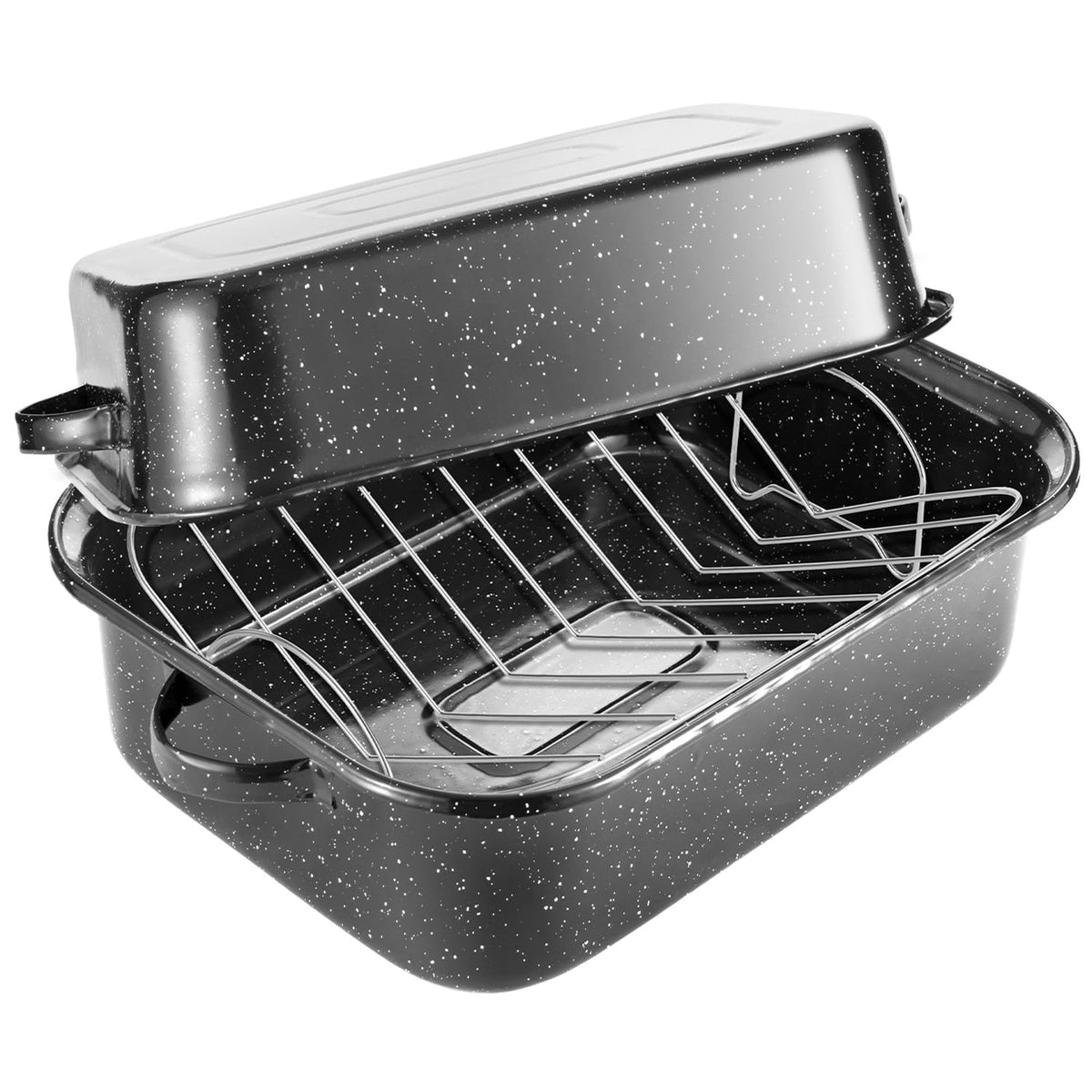 QPMR roasting pan with rack showing 21.2 inch capacity for spacious roasting.