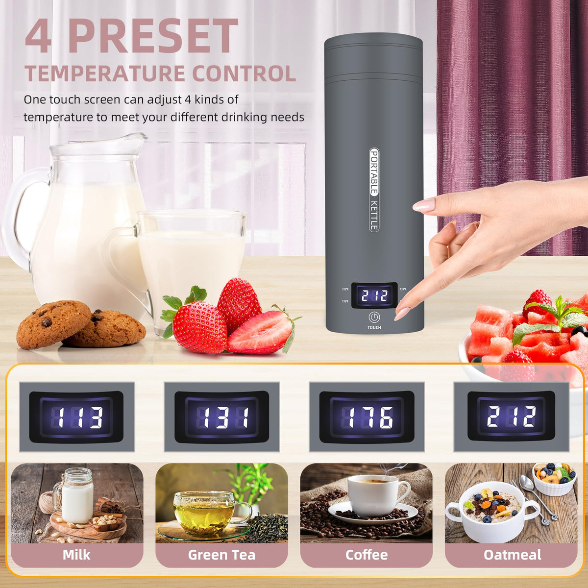 QRAGJBM kettle LCD display showing four temperature presets for precise tea and coffee.