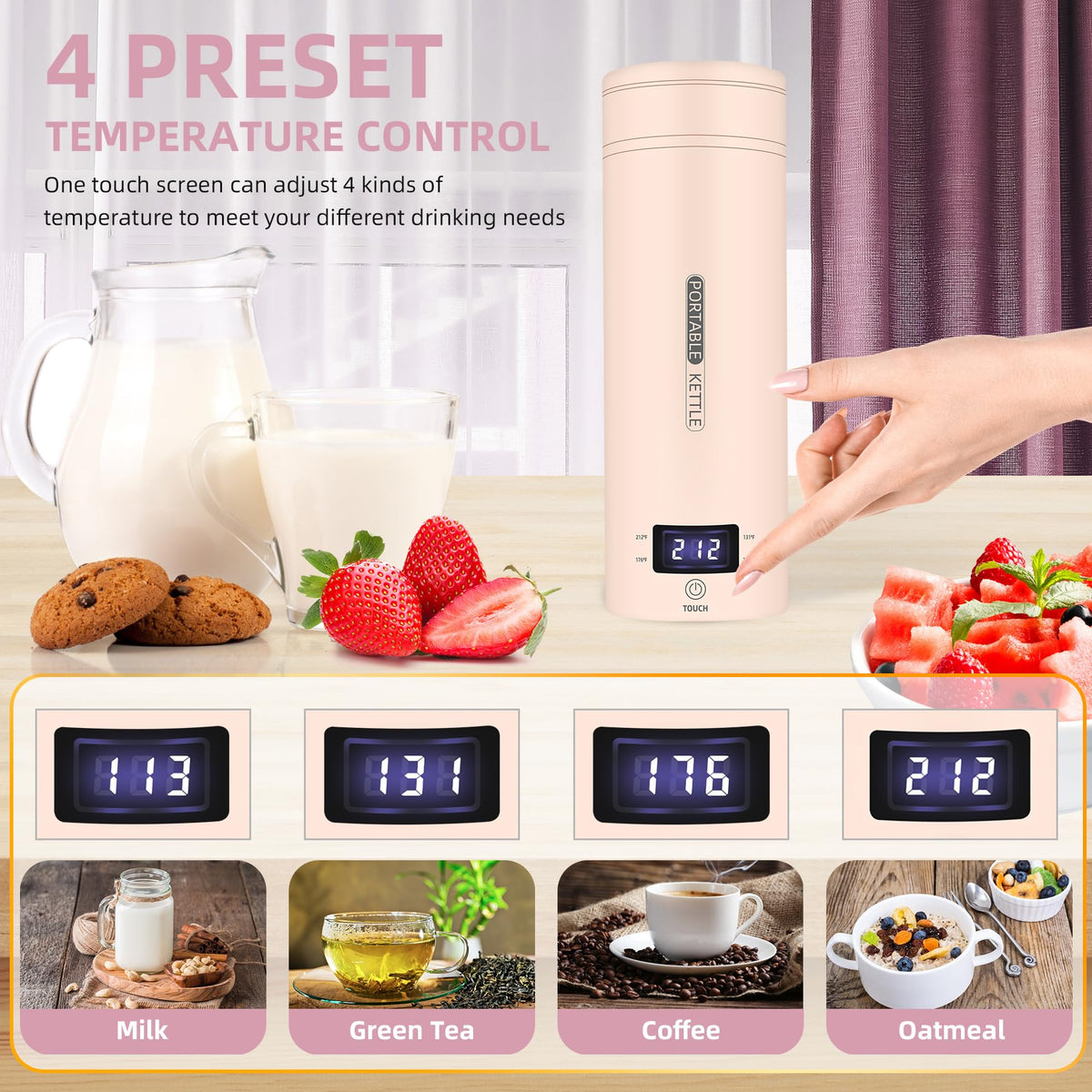 QRAGJBM travel kettle with 4-temp presets and LCD display for precise brewing.