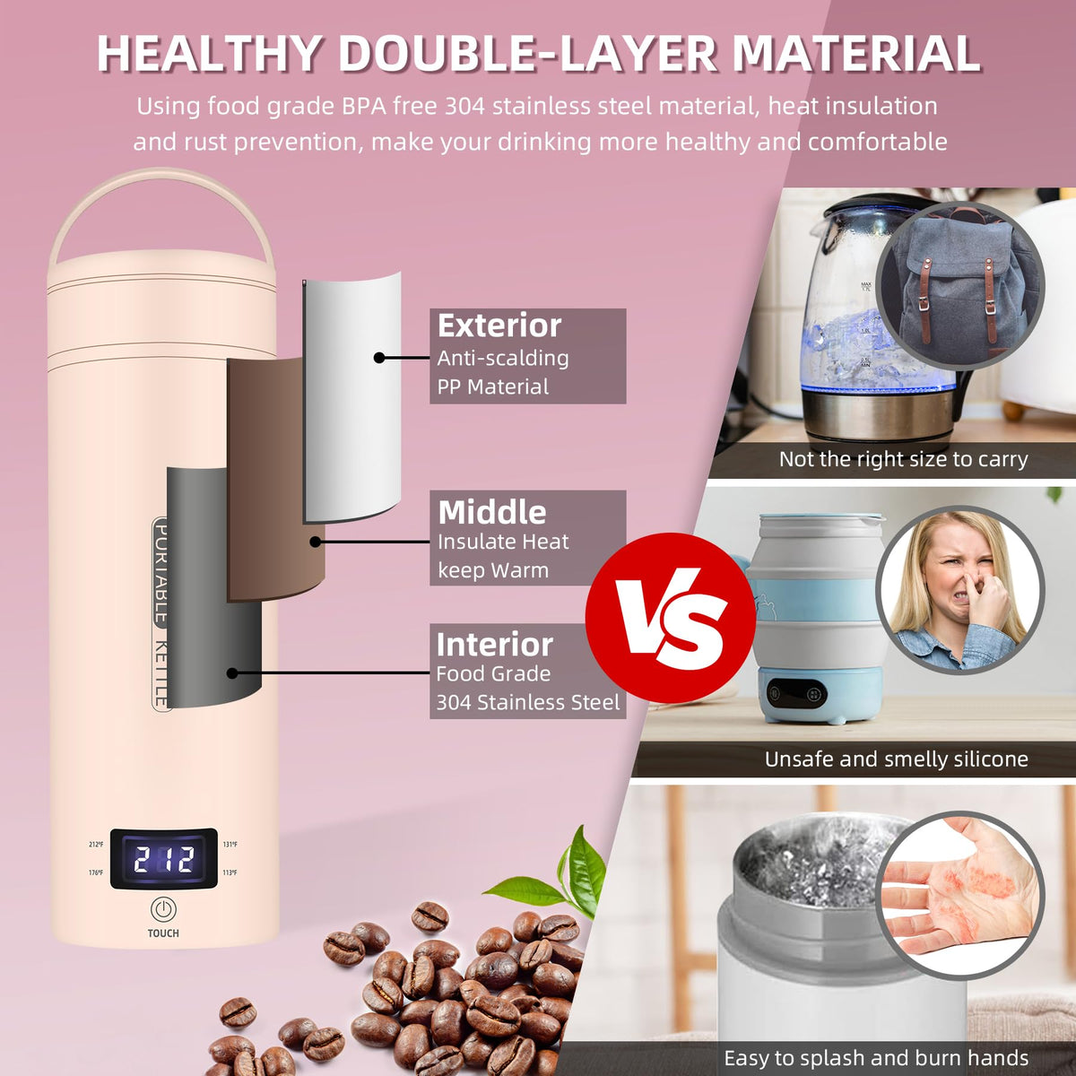 QRAGJBM double-wall insulation keeps water warm and surface cool.