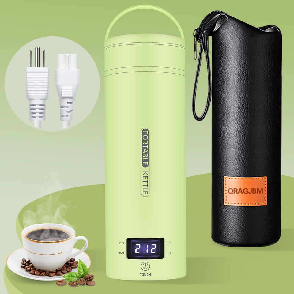 QRAGJBM travel kettle shows 450ml compact design ideal for on-the-go tea.