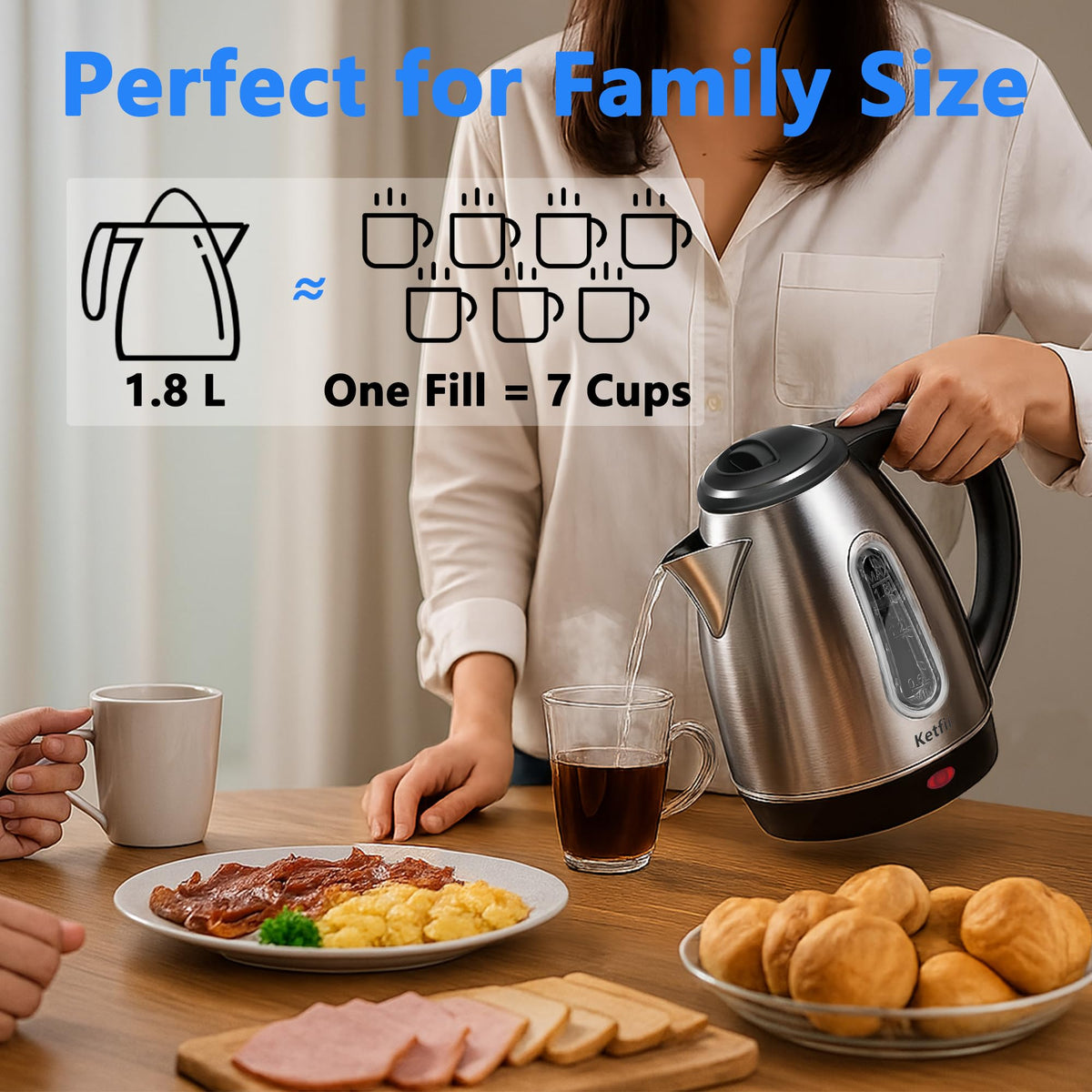 QSLKING kettle features a red indicator light signaling boiling.