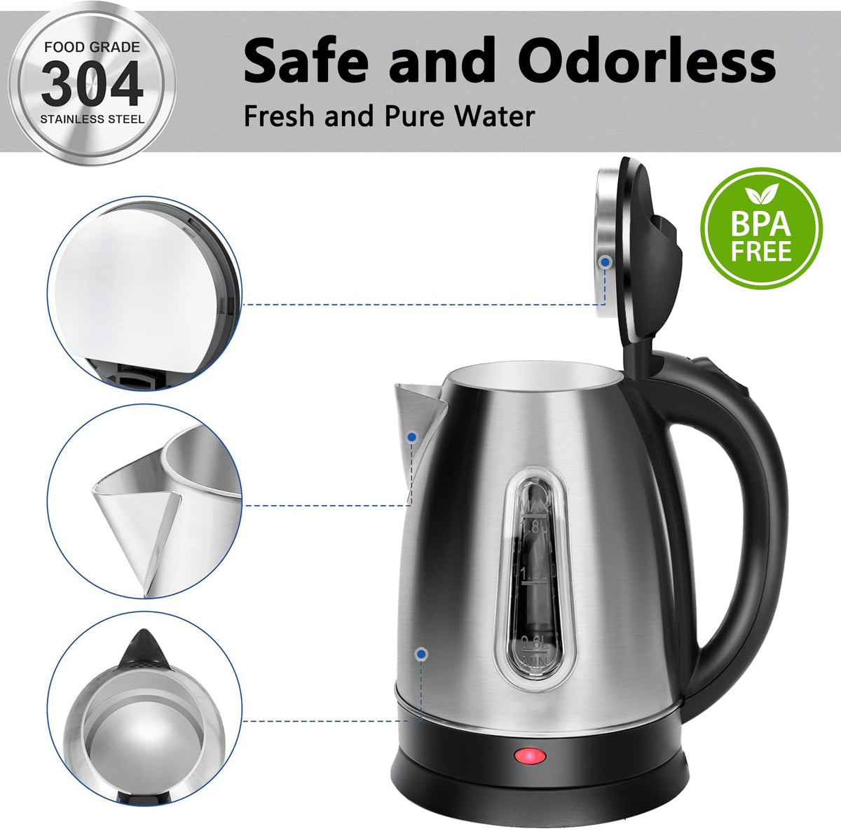 QSLKING kettle water window helps precise filling and measurement.