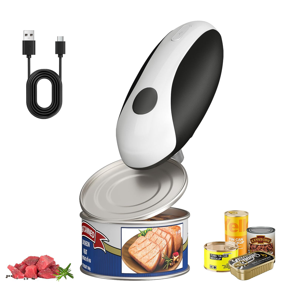 QTDHG Electric Can Opener front view highlights compact design and easy one-touch use