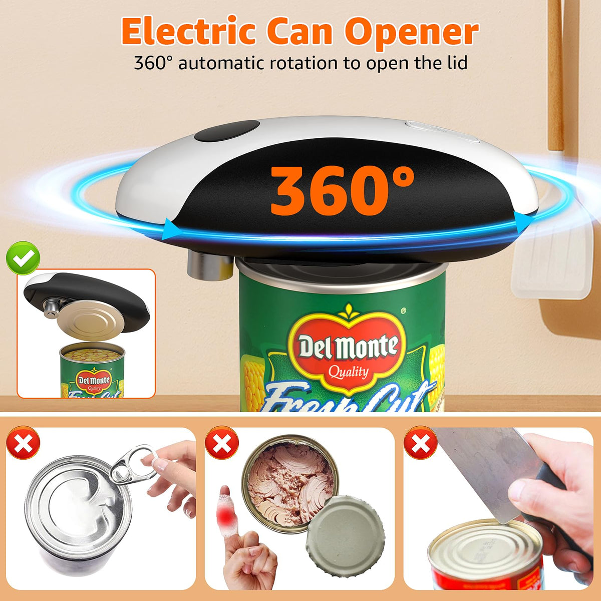 QTDHG Electric Can Opener performing 360-degree rotation for a clean lid