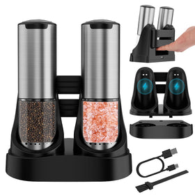 QTDHG electric salt and pepper grinder set front view, durable stainless steel for precise seasoning at home.