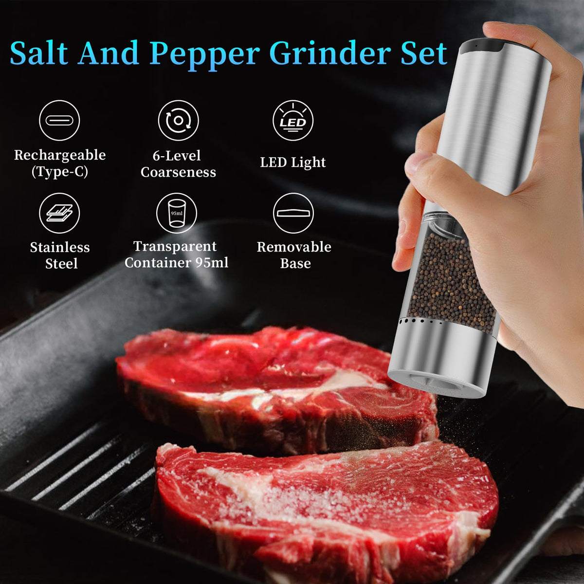 QTDHG LED-lit grinding in action for precise seasoning.