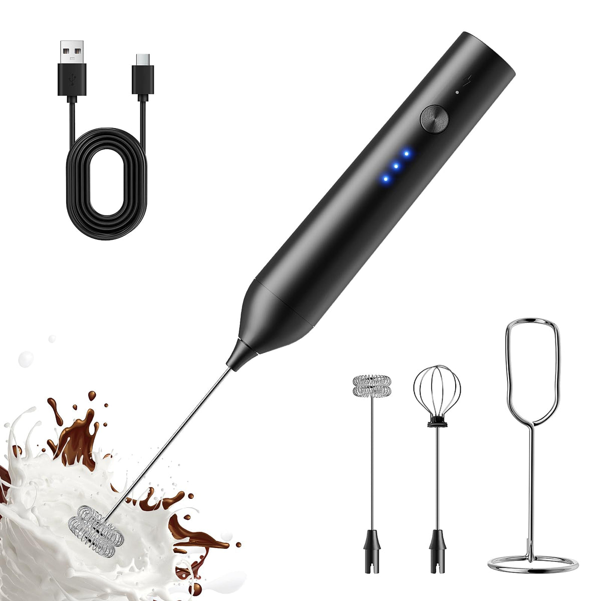 QTDHG rechargeable milk frother with stand creates silky latte foam