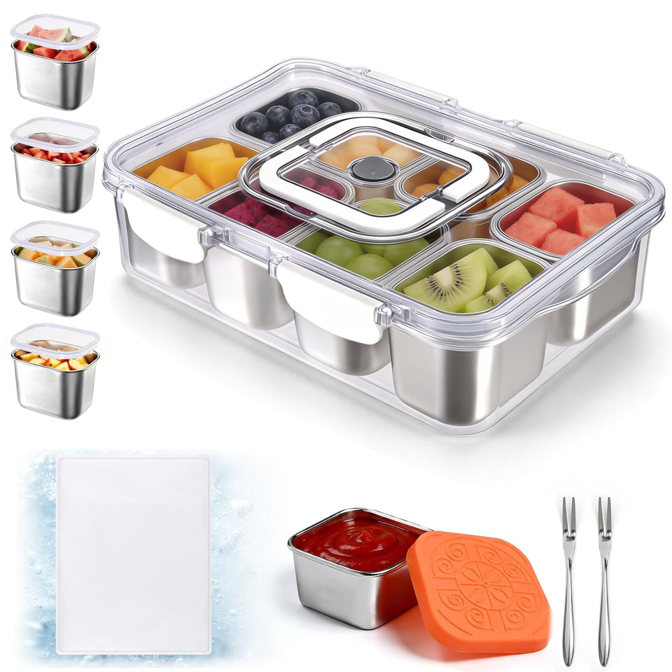 Qtencas Snackle Box shows eight compartments for neat, organized snacks on road trips.