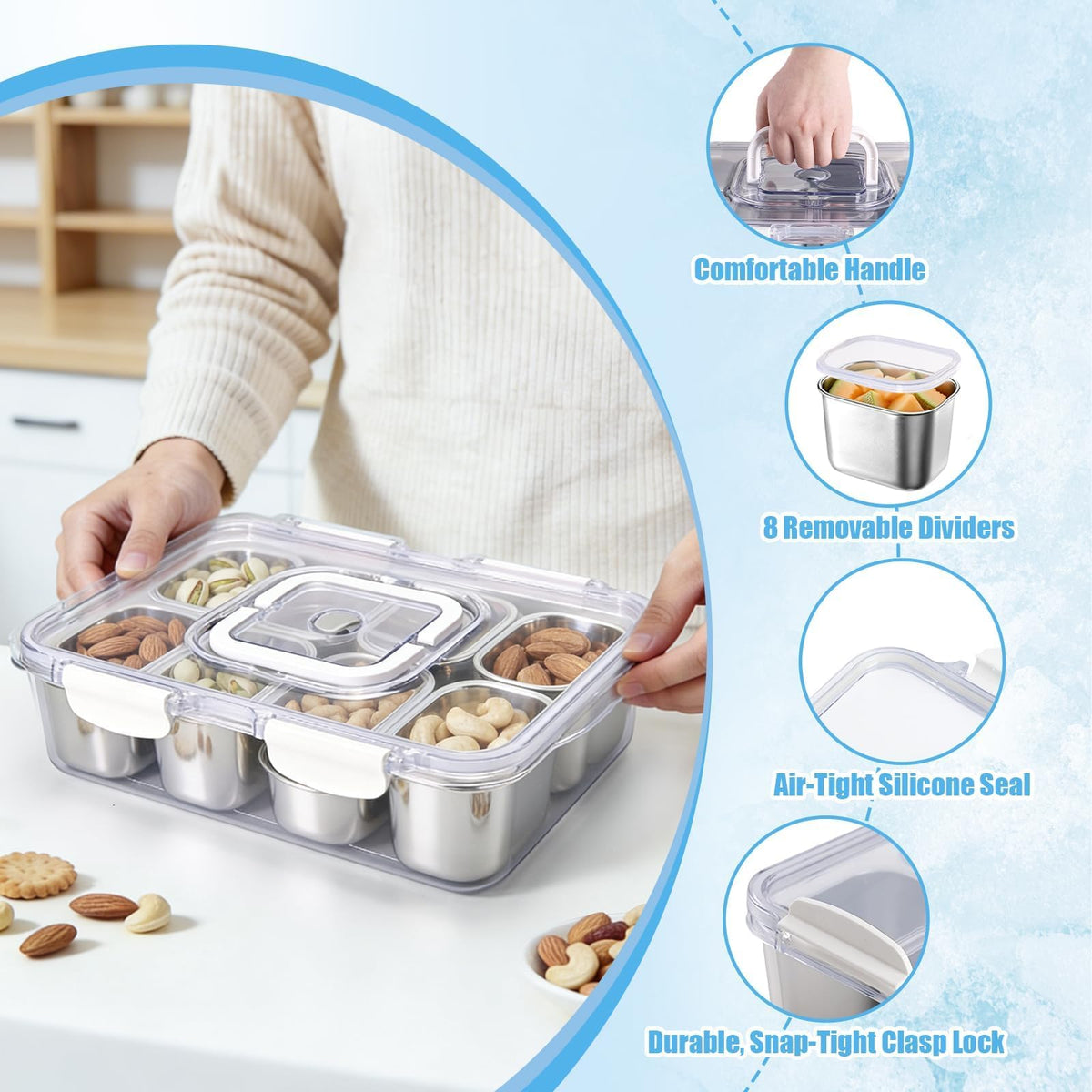Qtencas Snackle Box demonstrates built-in portable handle for easy carry.