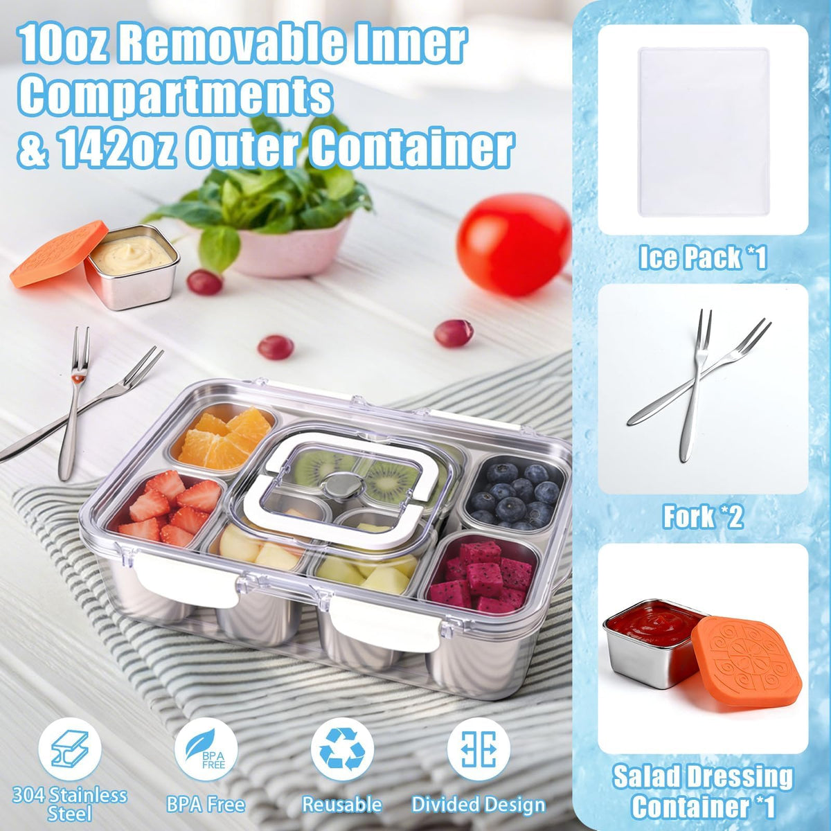 Qtencas Snackle Box features reusable ice pack to keep fruits fresh at the beach.