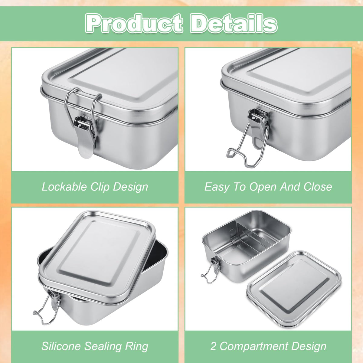 QTLCOHD lunch box with leak-proof clips to prevent spills.
