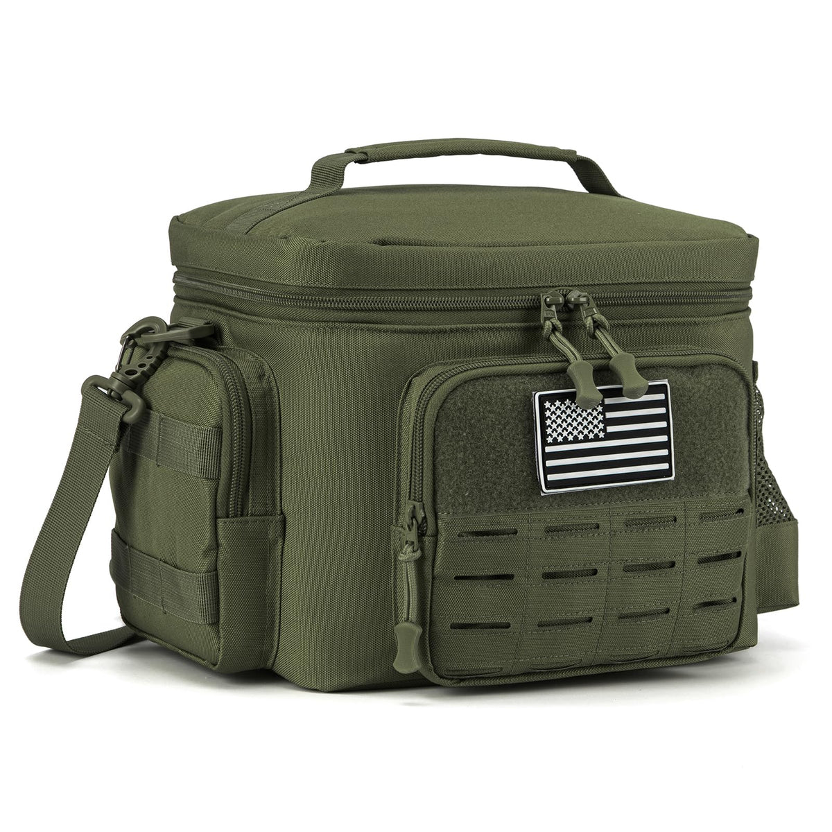 QT&QY tactical lunch bag front pocket keeps snacks within reach.