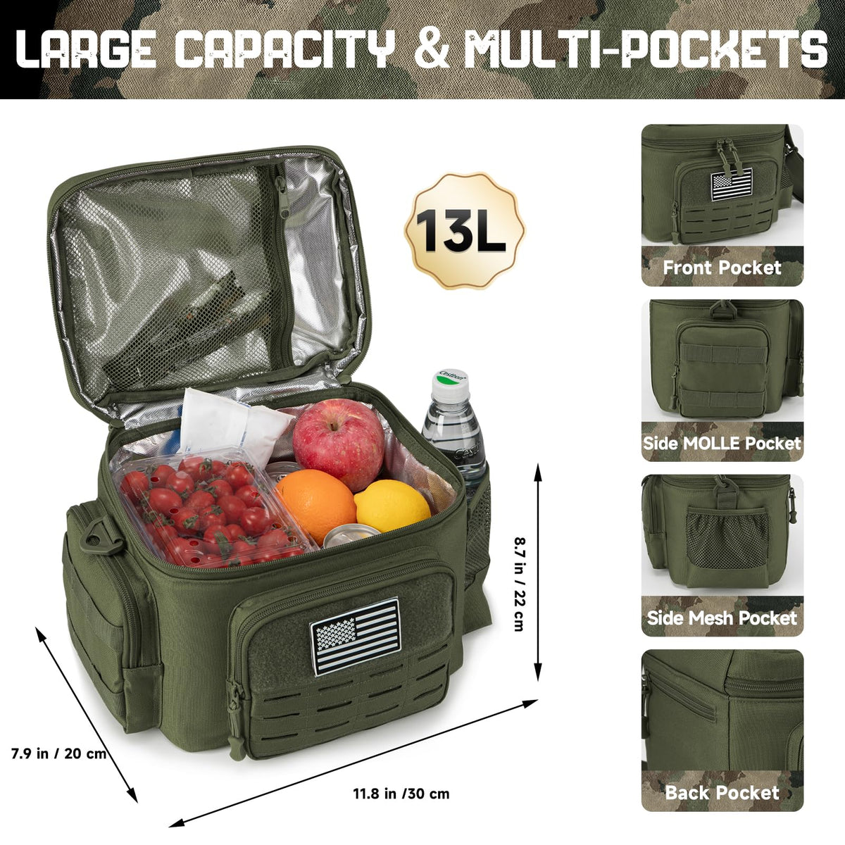 QT&QY tactical lunch bag side bottle pocket for beverages on the go.