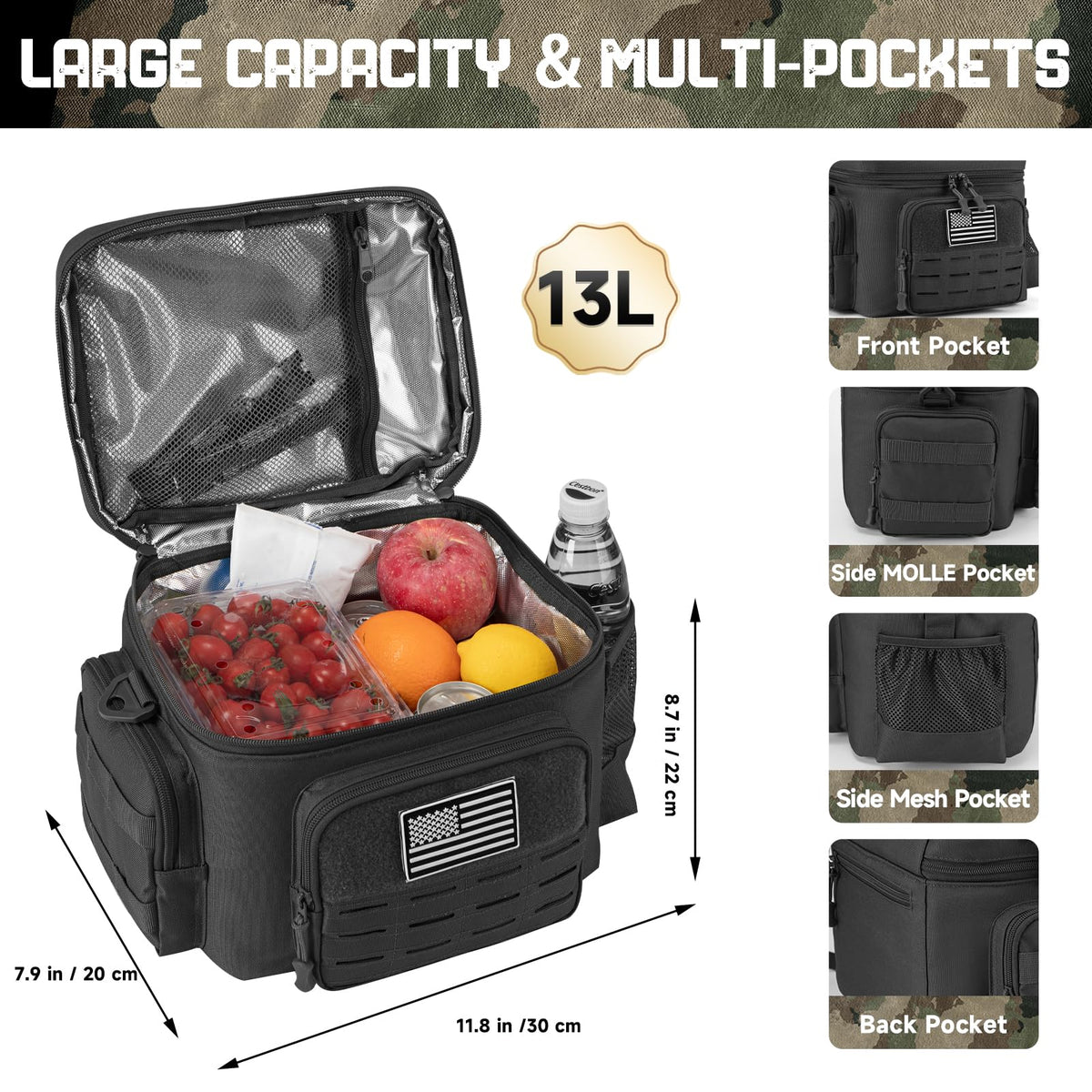 QT&QY Tactical Lunch Bag side mesh bottle pocket for easy hydration