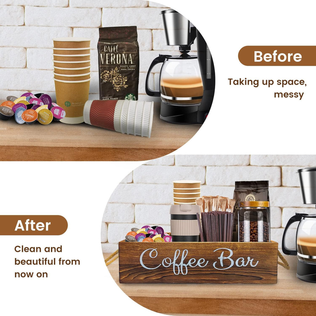 QUALLON charred wood veneer keeps the coffee area elegant and organized