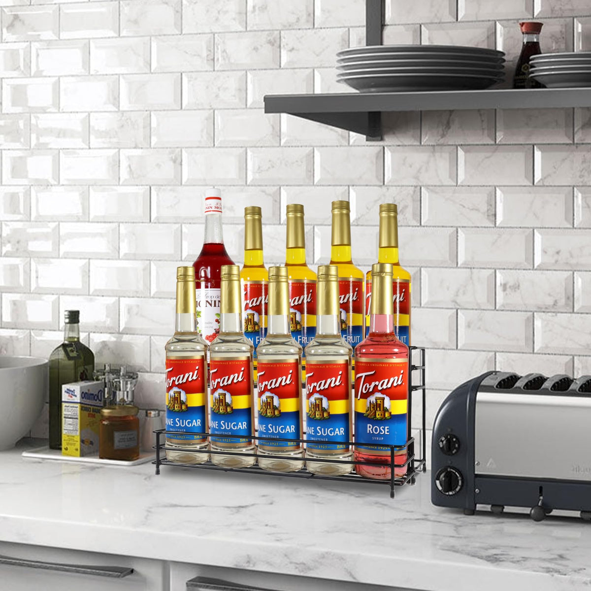 QUALLON coffee bar stand—durable iron construction for long-lasting organization.