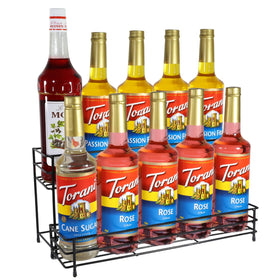 QUALLON 2-tier syrup organizer keeps coffee bottles neatly aligned for quick access.