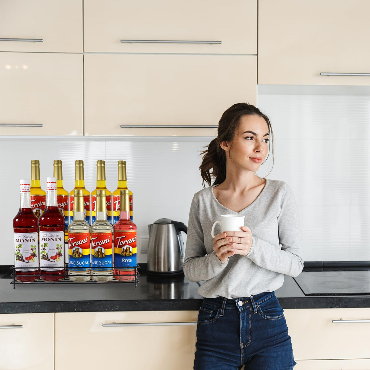 QUALLON modern-industrial décor adds style while keeping syrups organized.