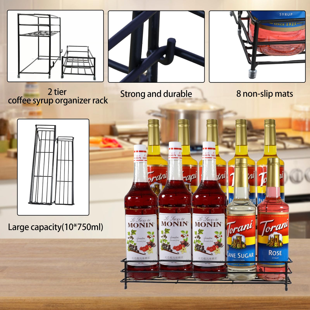 QUALLON protective bottle rack guards syrups while prepping drinks.